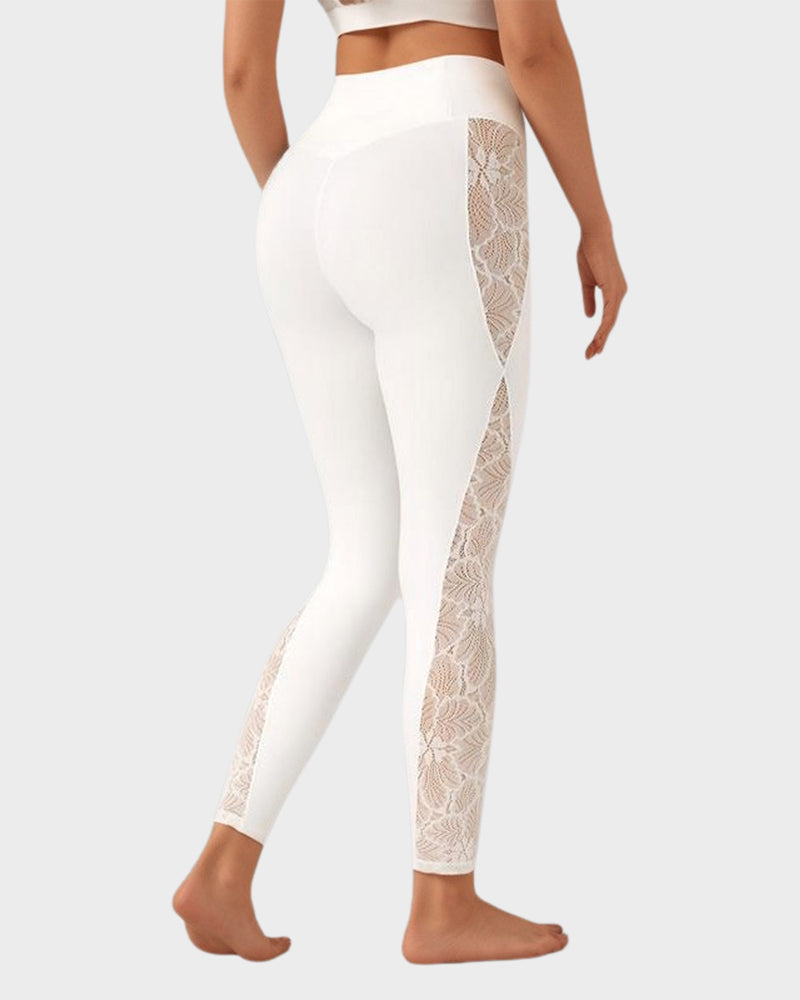 Leggings de Yoga com Painéis de Renda Elegantes e Cintura Alta