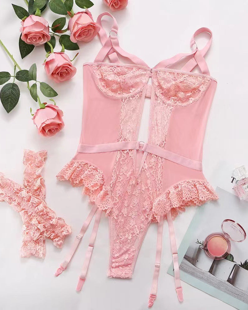 Macacão Pijama Sem Costas com Decote em Renda e Detalhes Elegantes
