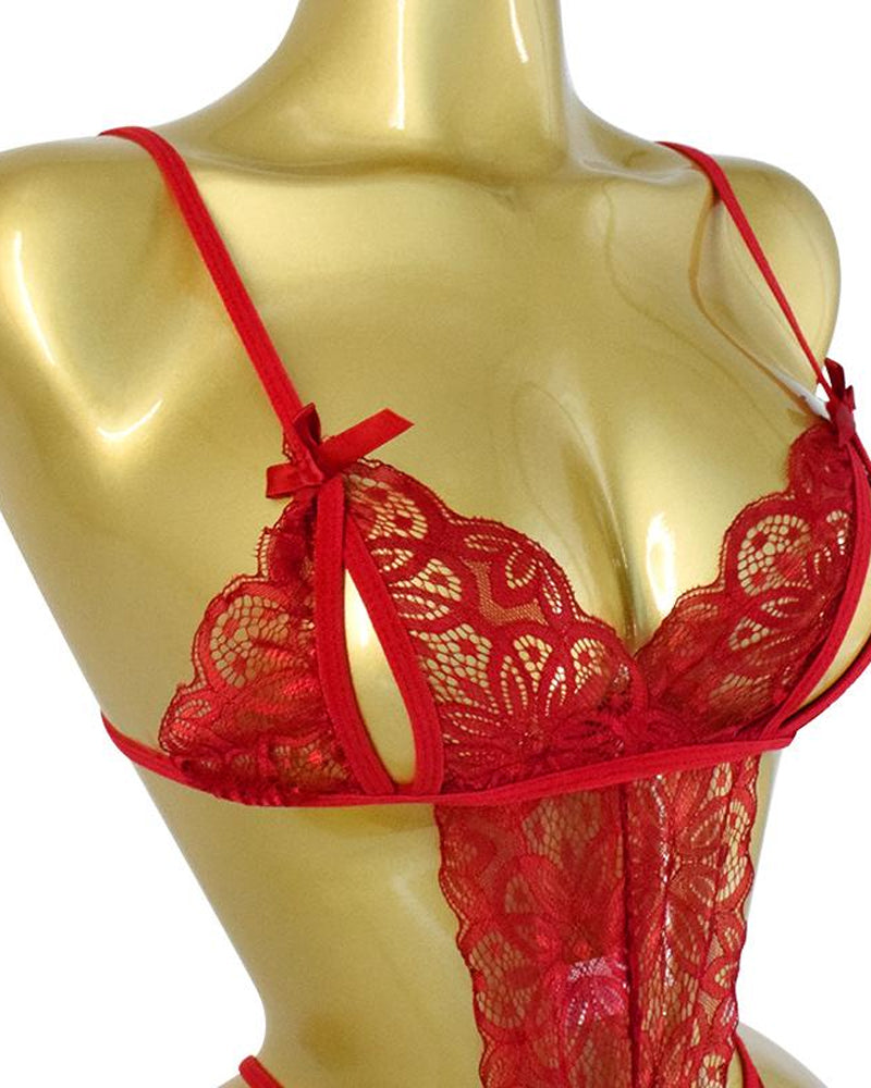 Conjunto de Pijamas Femininos de Renda Floral Translúcida com Costas Nuas