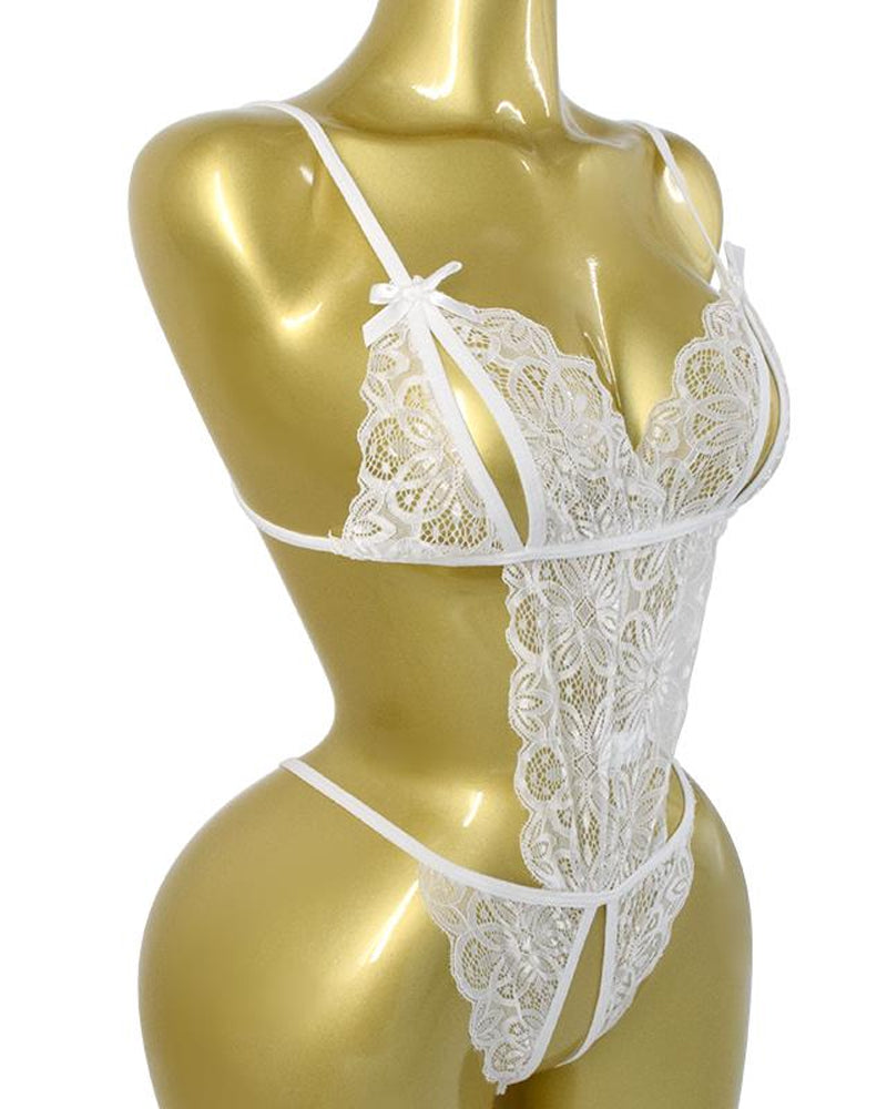Conjunto de Pijamas Femininos de Renda Floral Translúcida com Costas Nuas