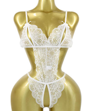 Conjunto de Pijamas Femininos de Renda Floral Translúcida com Costas Nuas
