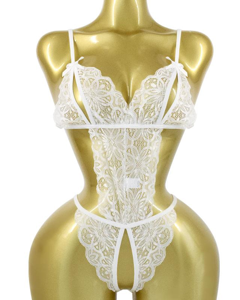 Conjunto de Pijamas Femininos de Renda Floral Translúcida com Costas Nuas