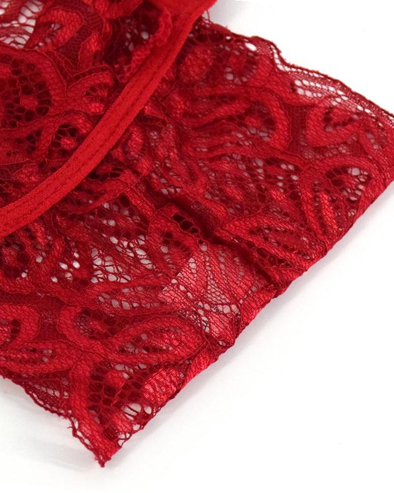 Conjunto de Pijamas Femininos de Renda Floral Translúcida com Costas Nuas