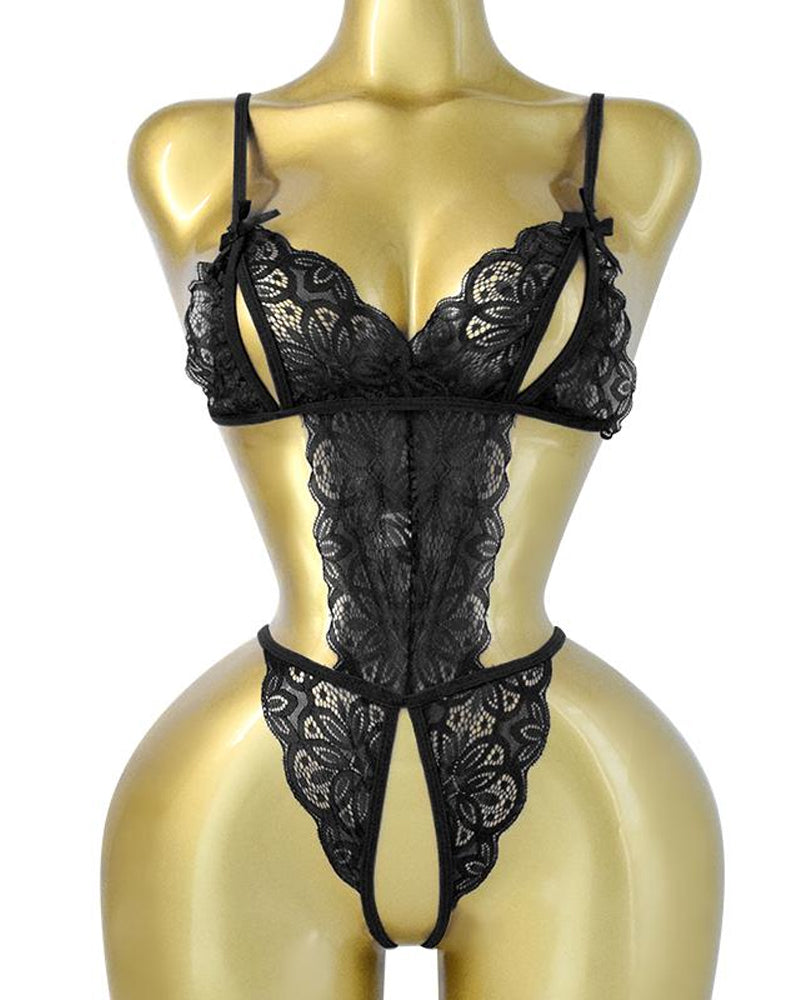 Conjunto de Pijamas Femininos de Renda Floral Translúcida com Costas Nuas