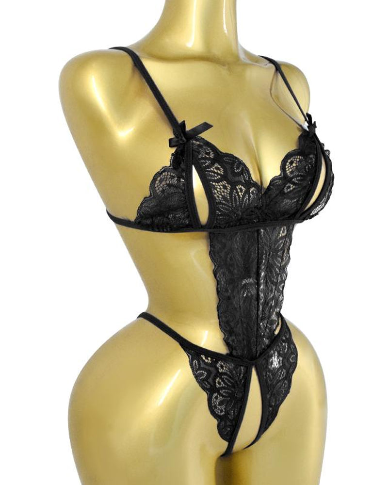 Conjunto de Pijamas Femininos de Renda Floral Translúcida com Costas Nuas