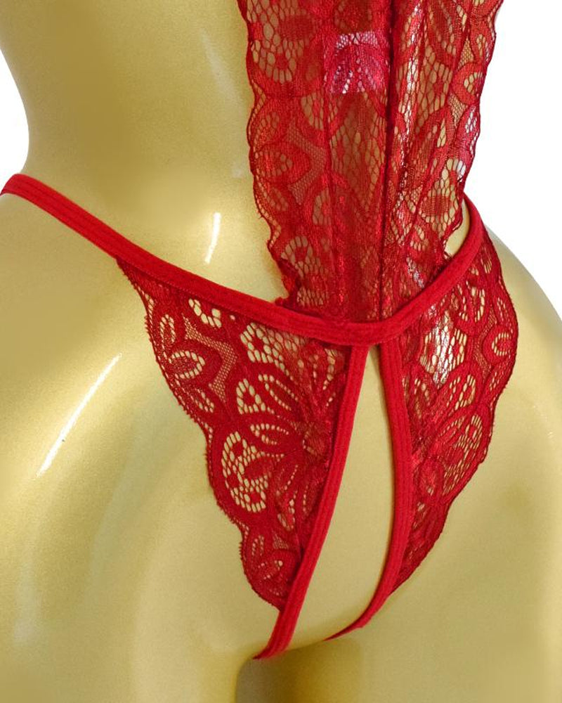 Conjunto de Pijamas Femininos de Renda Floral Translúcida com Costas Nuas
