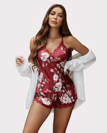 Conjunto de Pijama Floral de Cetim com Cami